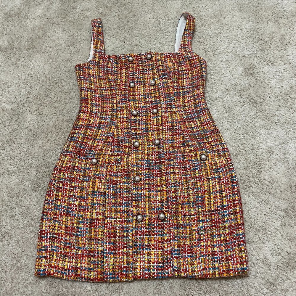 Song of Style Dress Size XS Tweed Colorful Mini Button Up Red Yellow Blue White